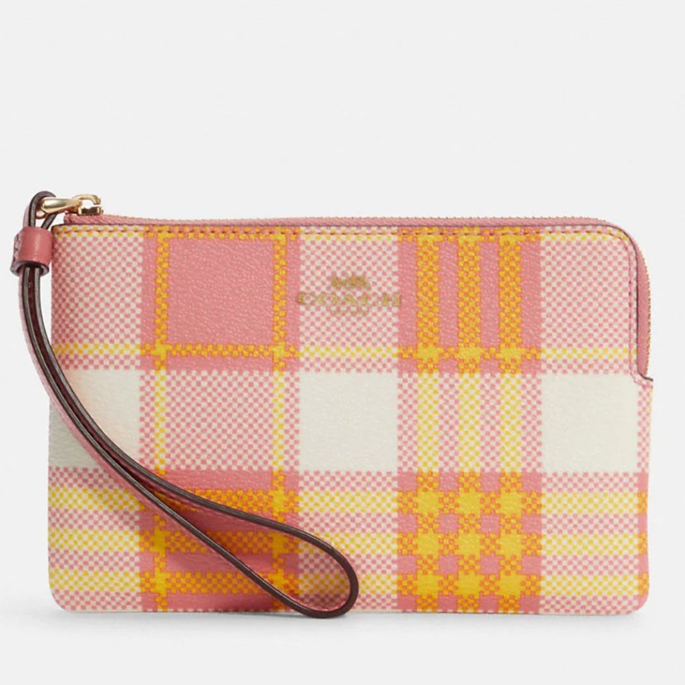 Corner Zip Wristlet With Garden Plaid Print NEW!